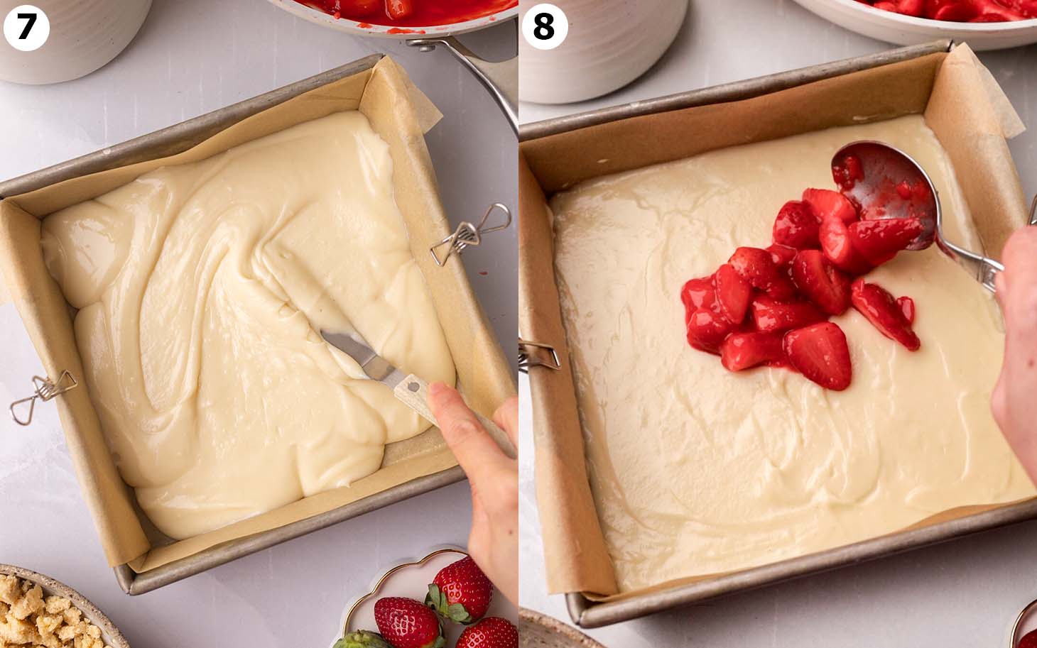 Two image collage of square baking tray, showing a spatula spreading the cake batter, and a spoon placing strawberries on top.