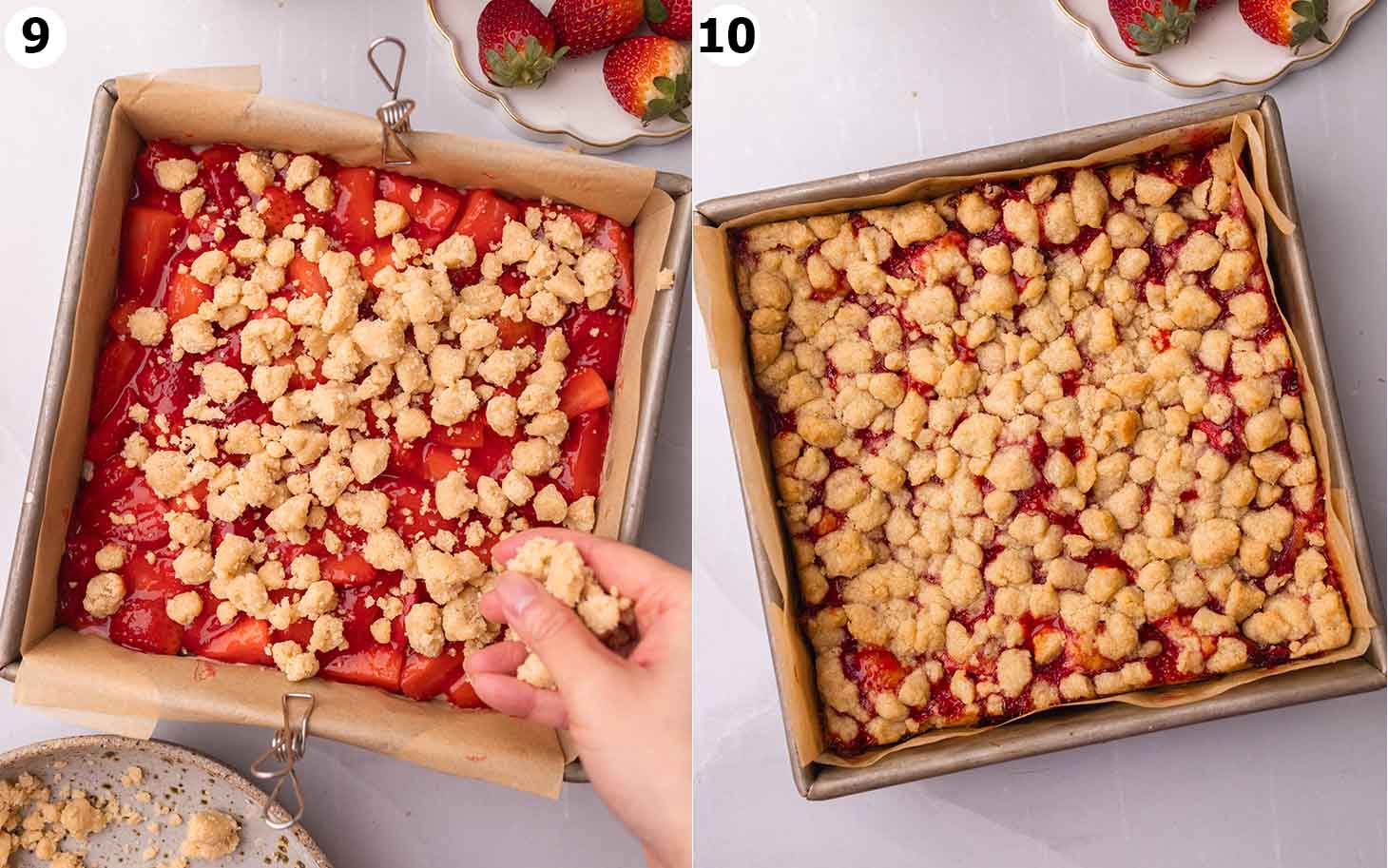 Two image collage of square baking tray, with a hand sprinkling crumble on top of strawberries, and final baked cake.