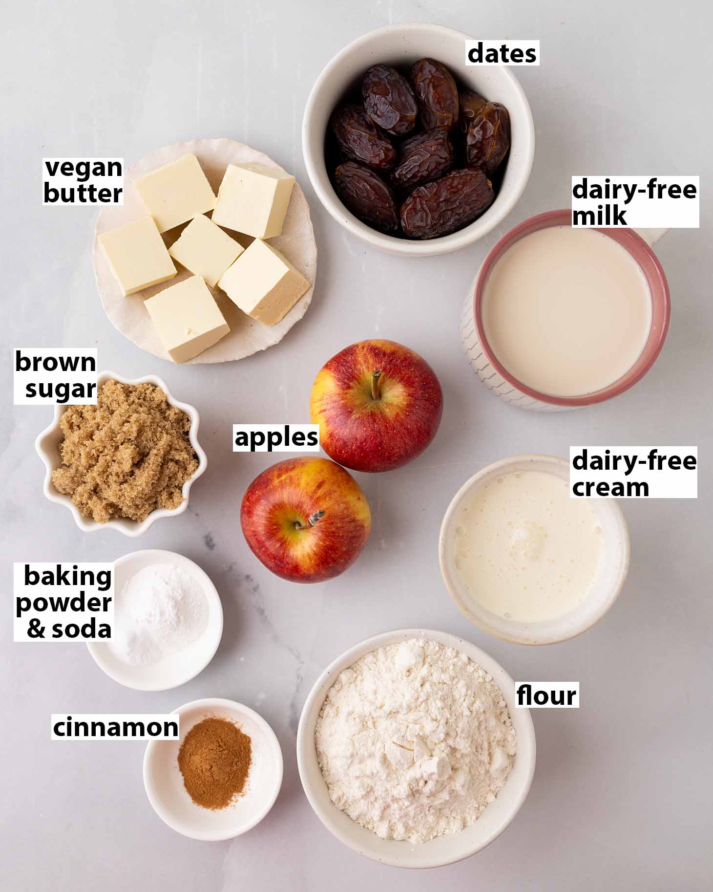 Flat-lay of ingredients for apple sticky toffee pudding.