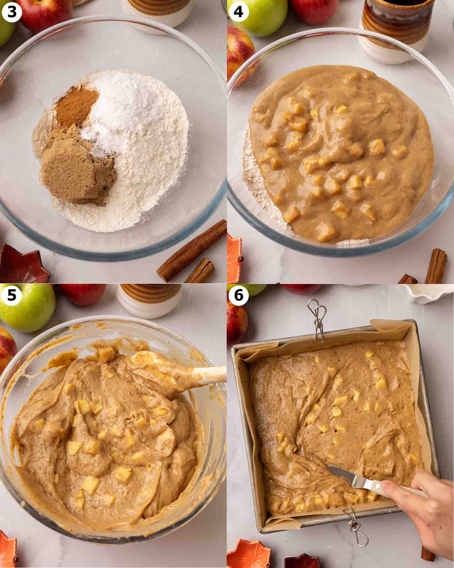 Four image collage showing how to prepare the pudding batter and smoothing it in a cake pan.