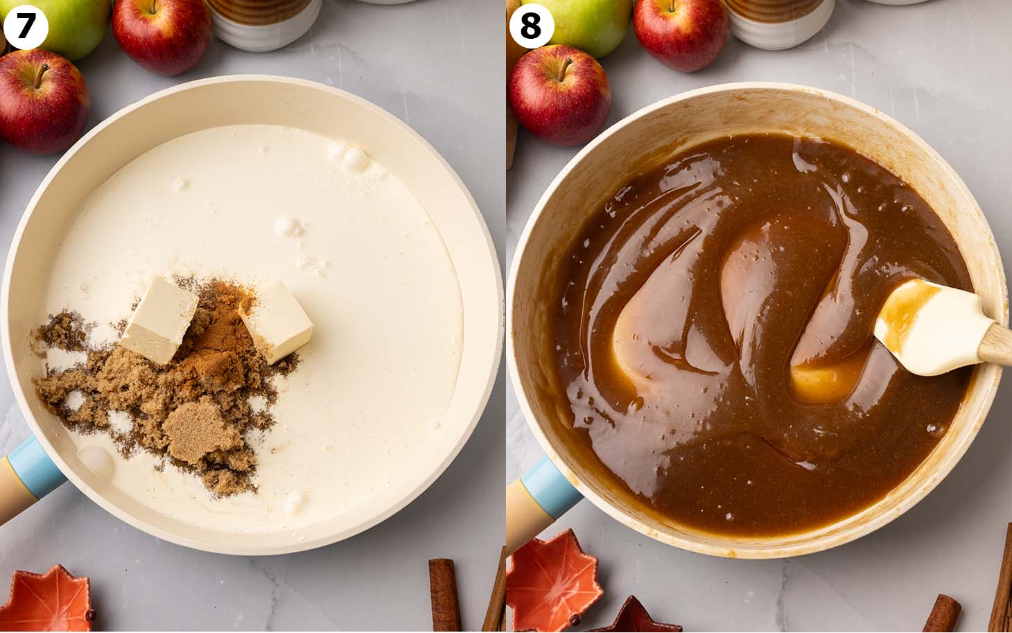 Two image collage of saucepan before and after toffee sauce has been prepared.