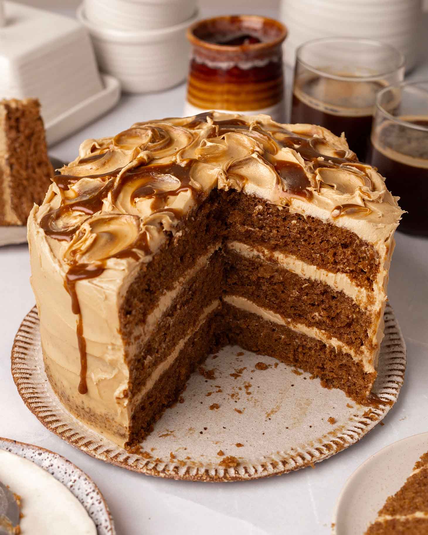 Whole cake slices taken out revealing the layers of the cake.