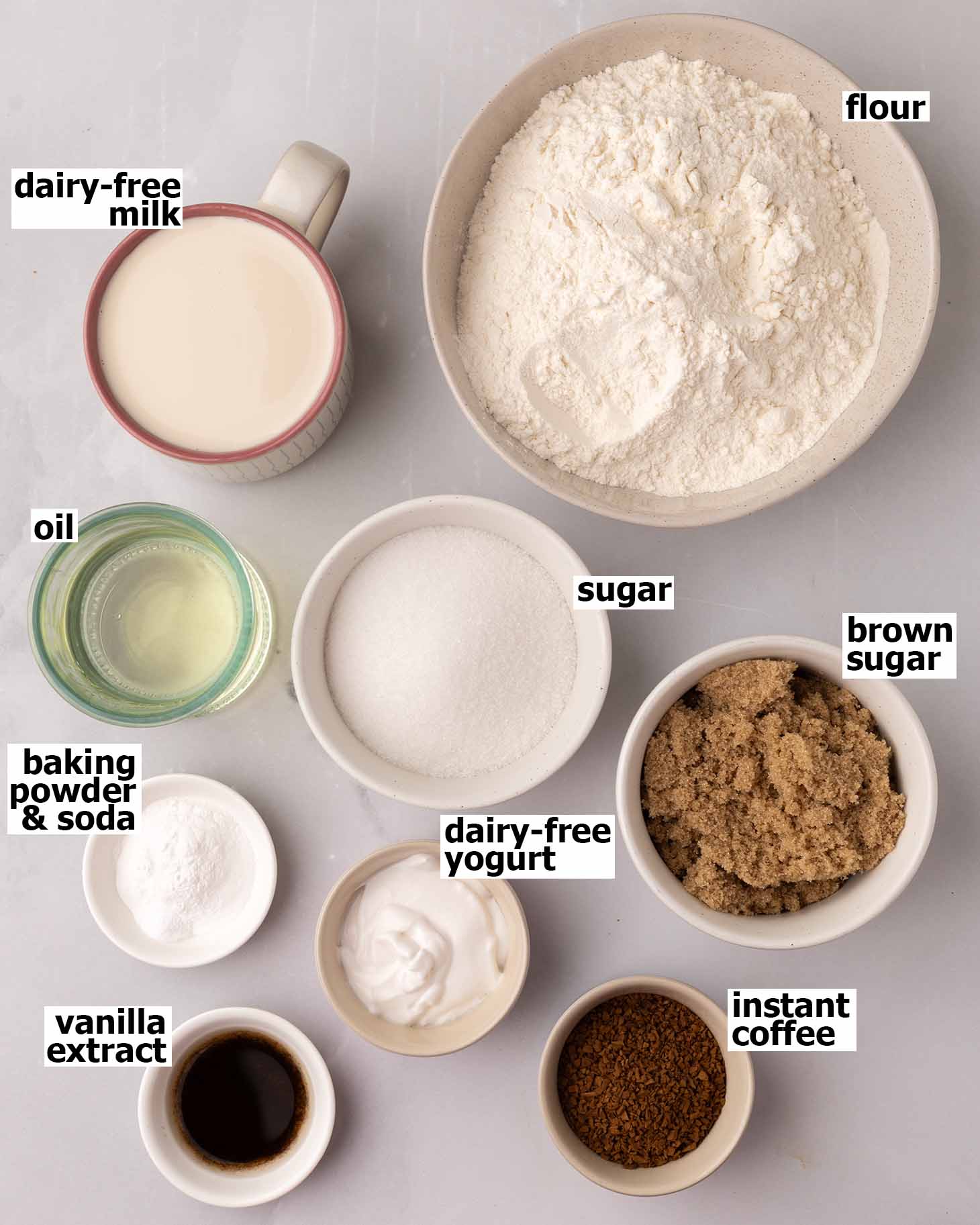 Flat-lay of ingredients for the espresso cake.