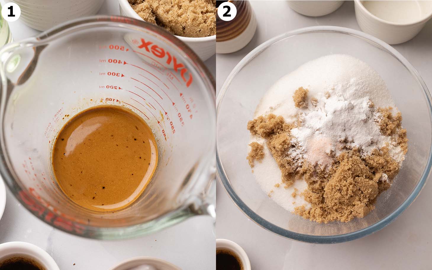 Two image collage of prepared instant coffee and dry ingredients for the cake mixed in a bowl.
