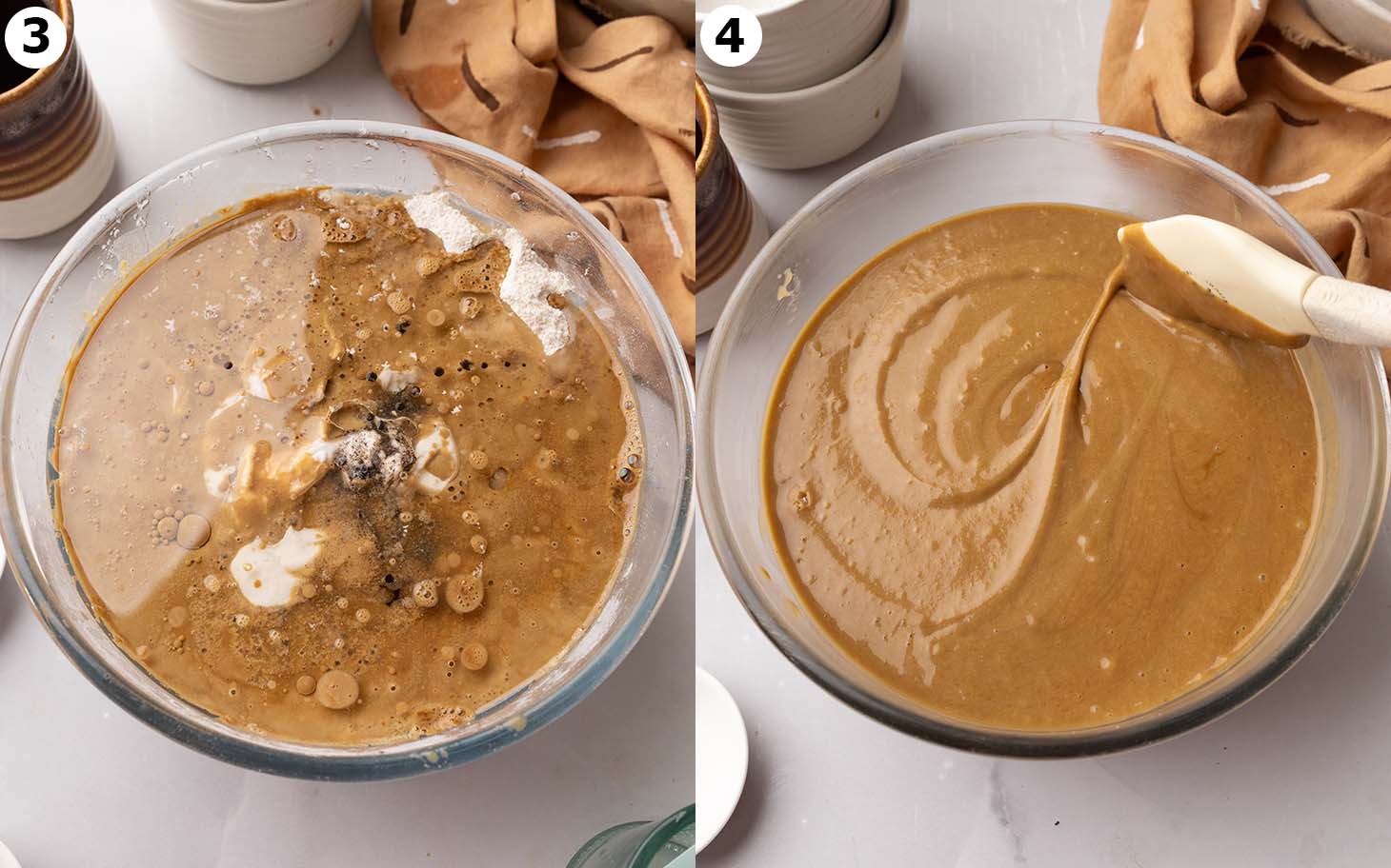 Two image collage of ingredients for cake in a bowl and final batter.