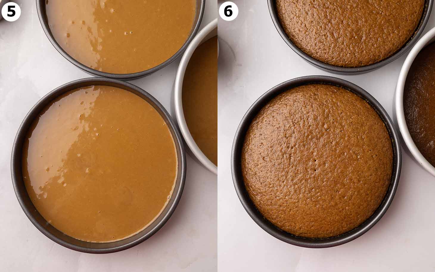 Two image collage showing before and after the espresso cake has been baked.