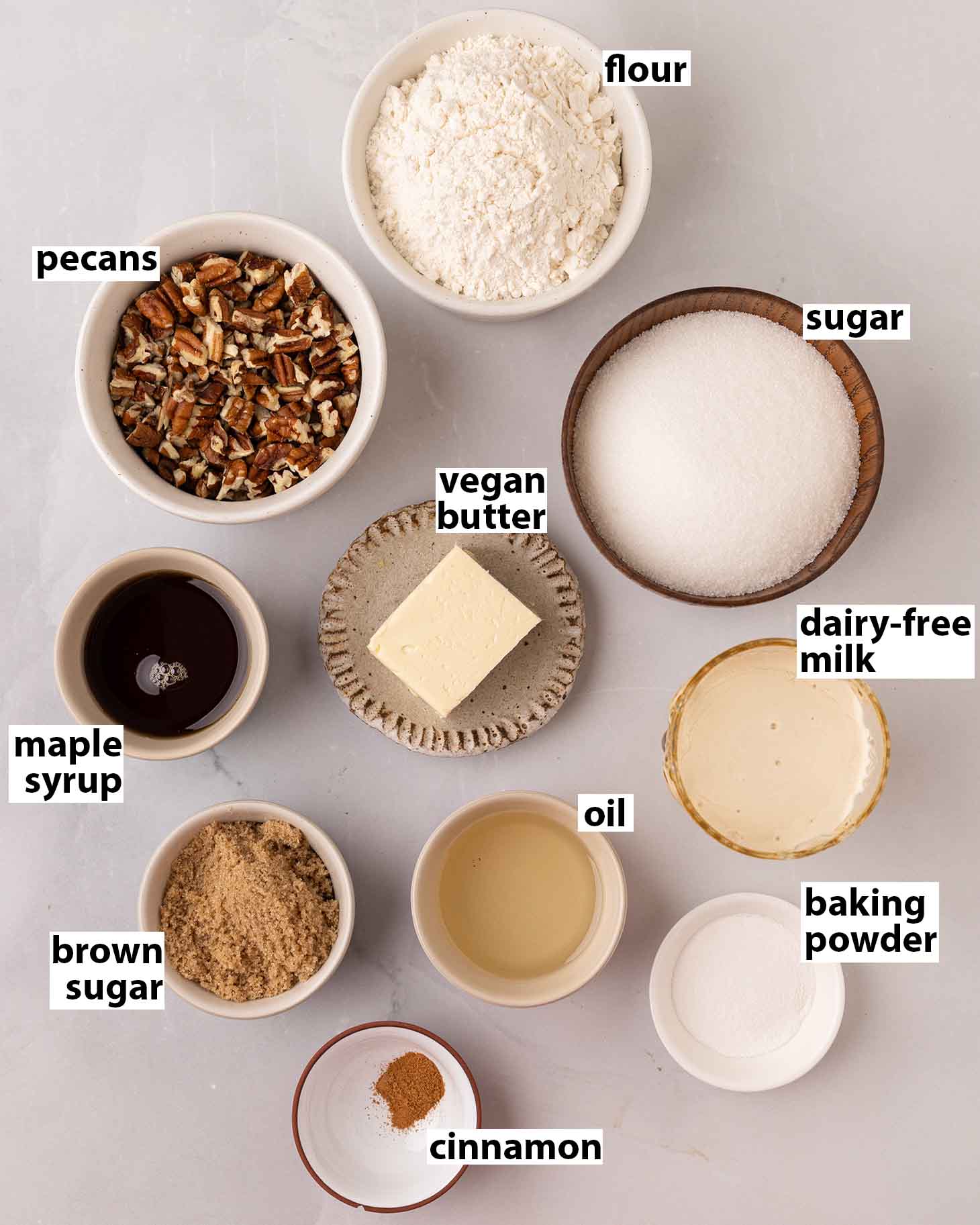 Flat-lay of ingredients for vegan pecan upside down cake.