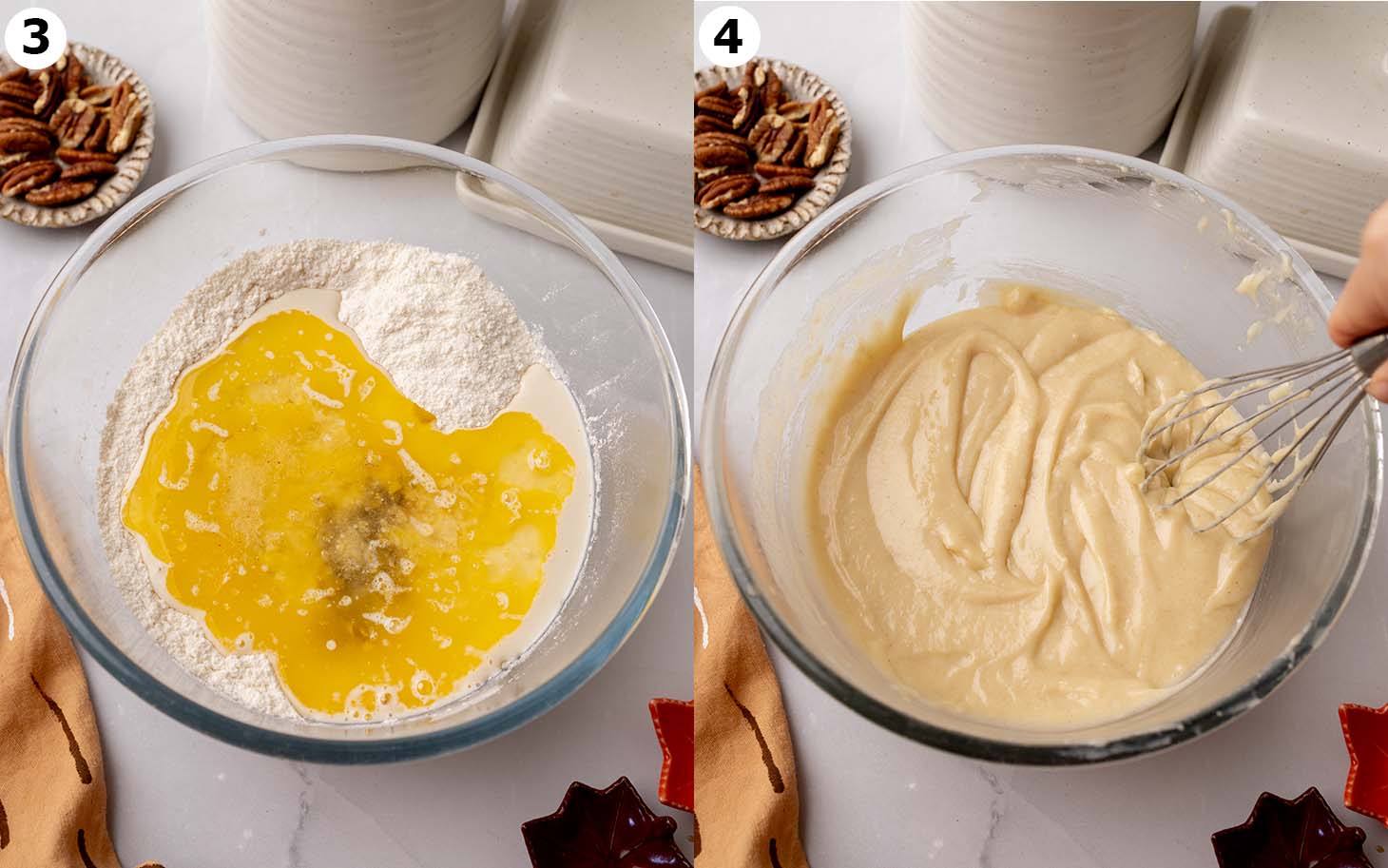 Two image collage of ingredients for the cake, before and after they've been mixed in a large bowl.
