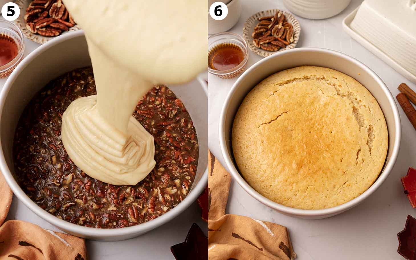 Two image collage of the cake batter poured on pecan topping, and final baked cake before flipping.