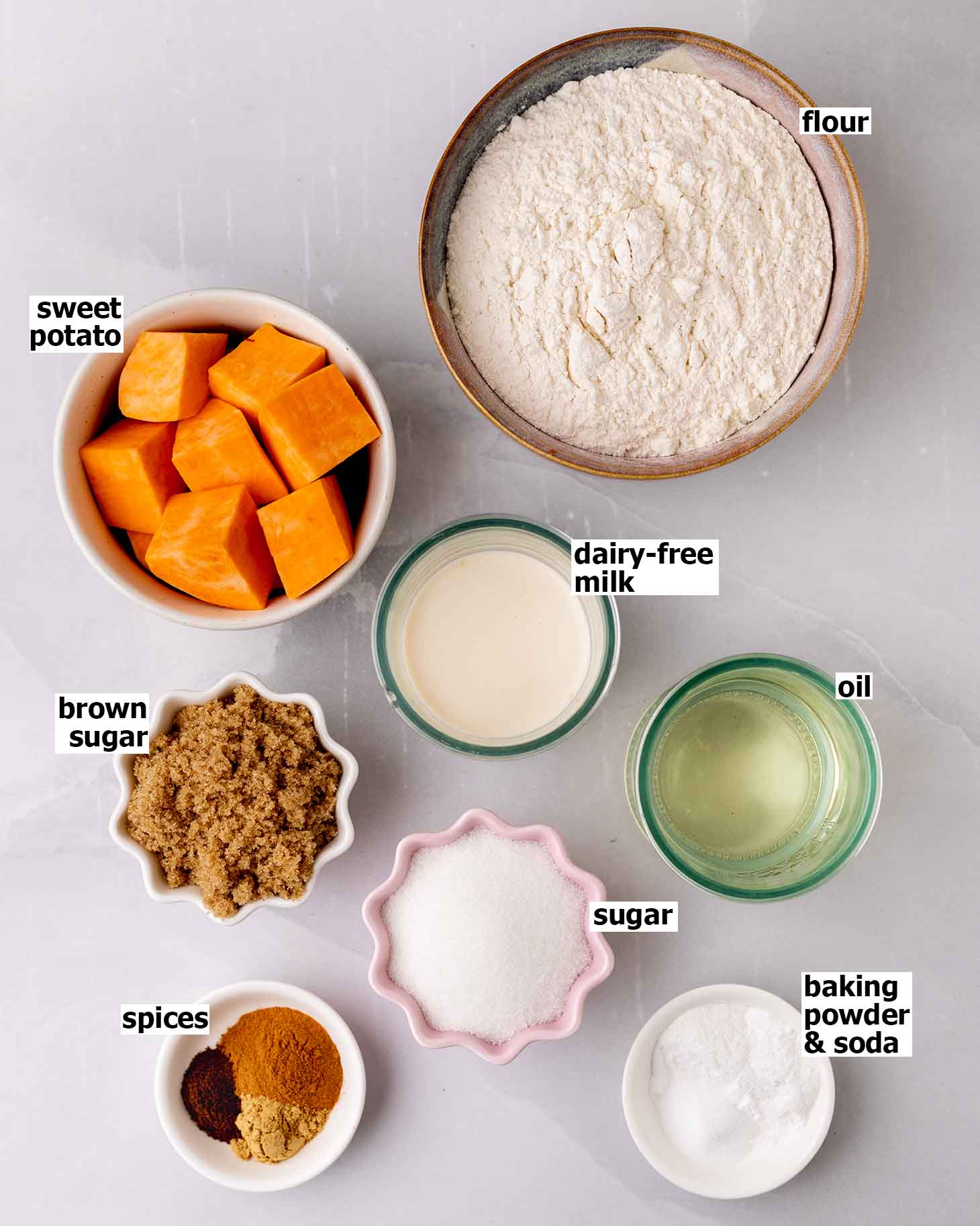 Flat-lay of ingredients for vegan sweet potato bread.