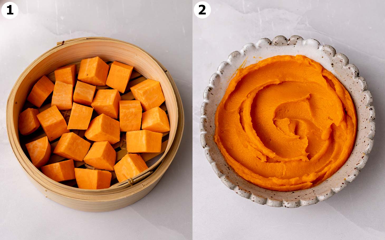 Two image collage of steamer with raw sweet potato and a bowl with sweet potato puree.