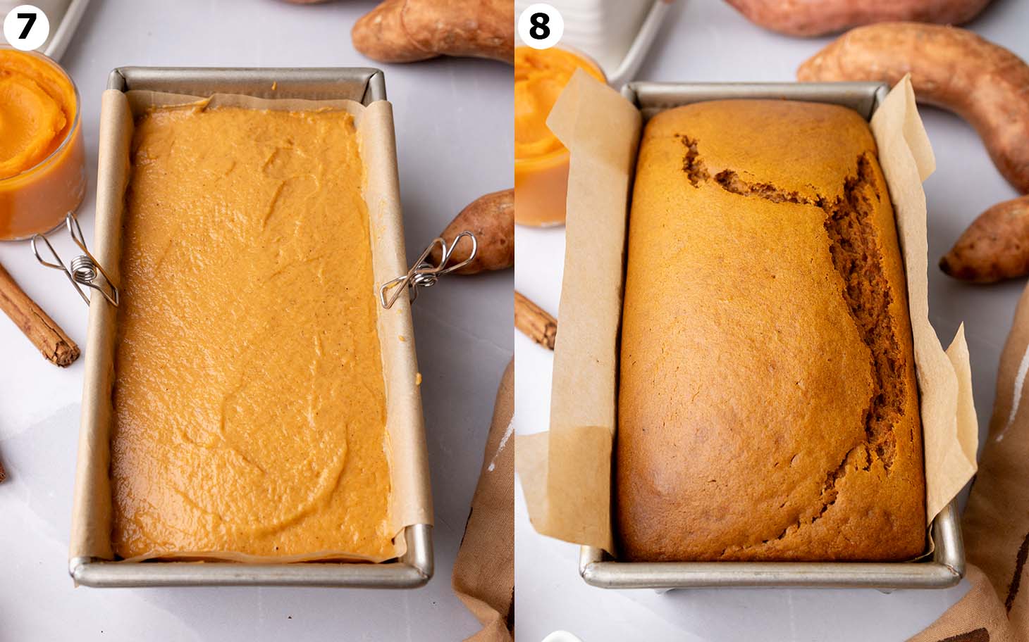 Two image collage of loaf pan, before and after sweet potato bread has been baked.