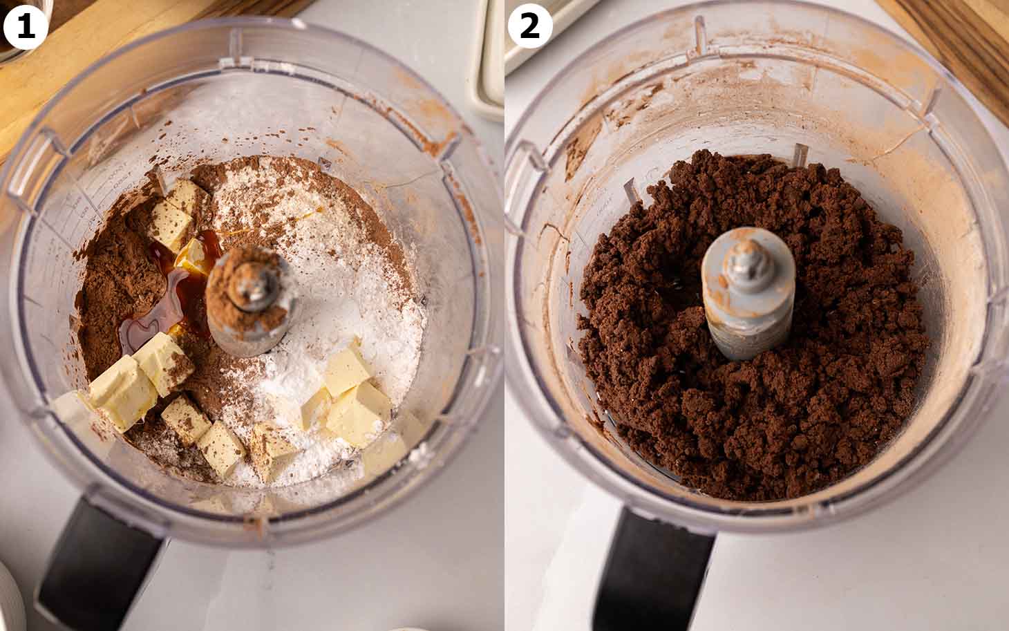 Two image collage of food processor, before and after biscuit dough has been prepared.