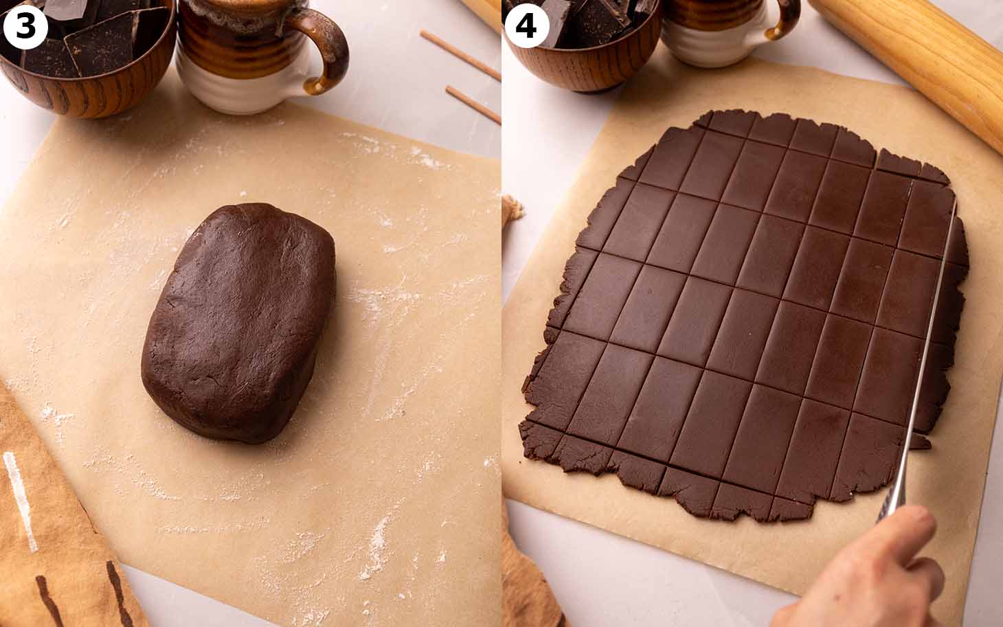 Two image collage of chocolate biscuit dough, before and after being rolled and cut.