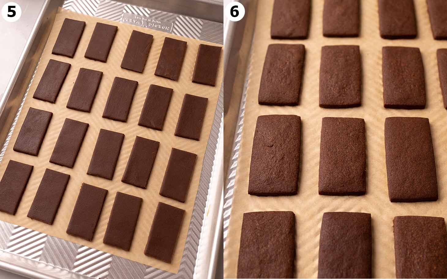 Two image collage of malt chocolate biscuits, before and after being baked.