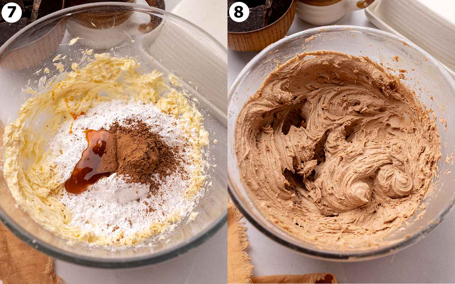 Two image collage of malt chocolate filling, before and after being mixed.