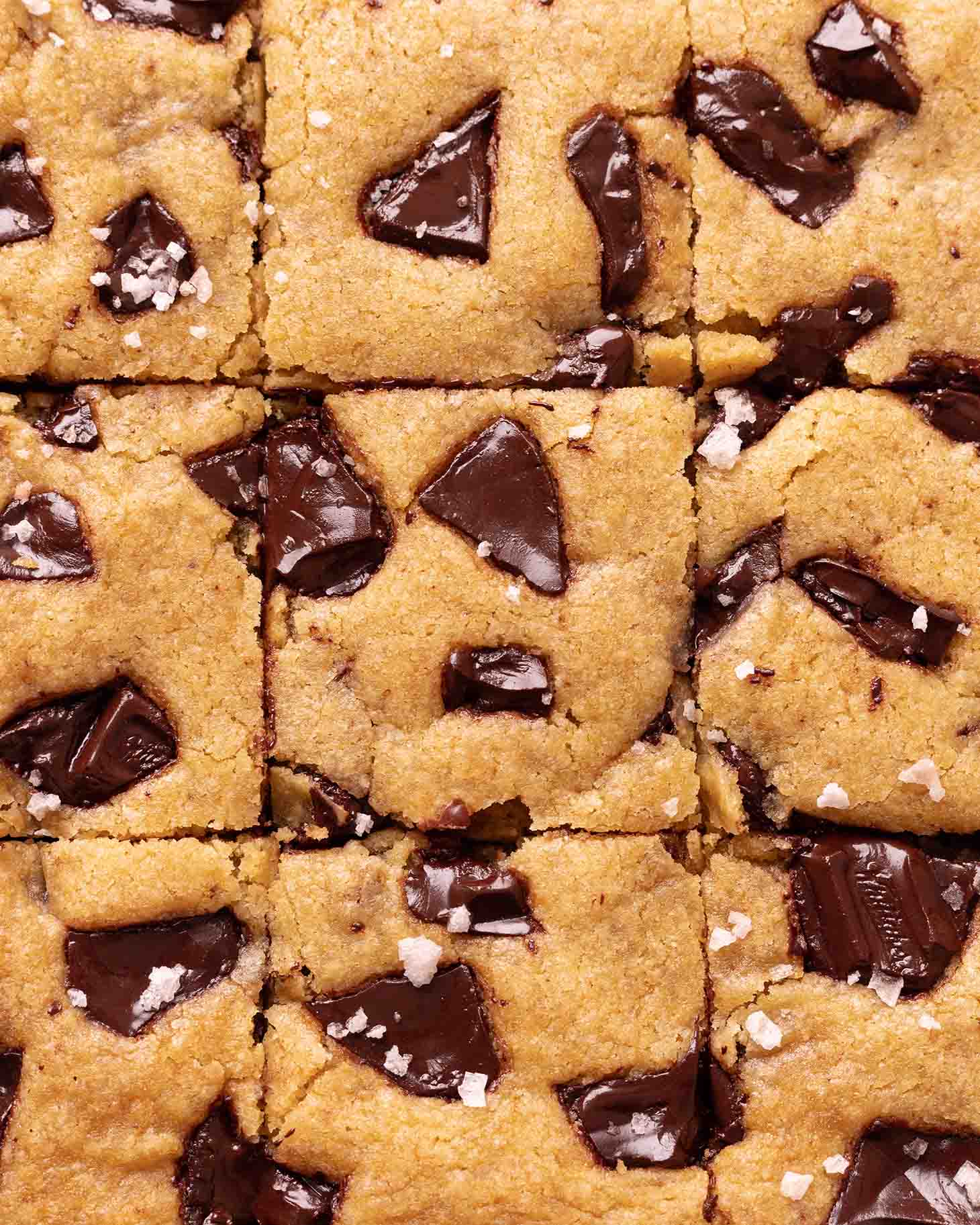 Close up of vegan chocolate chip cookie bars.