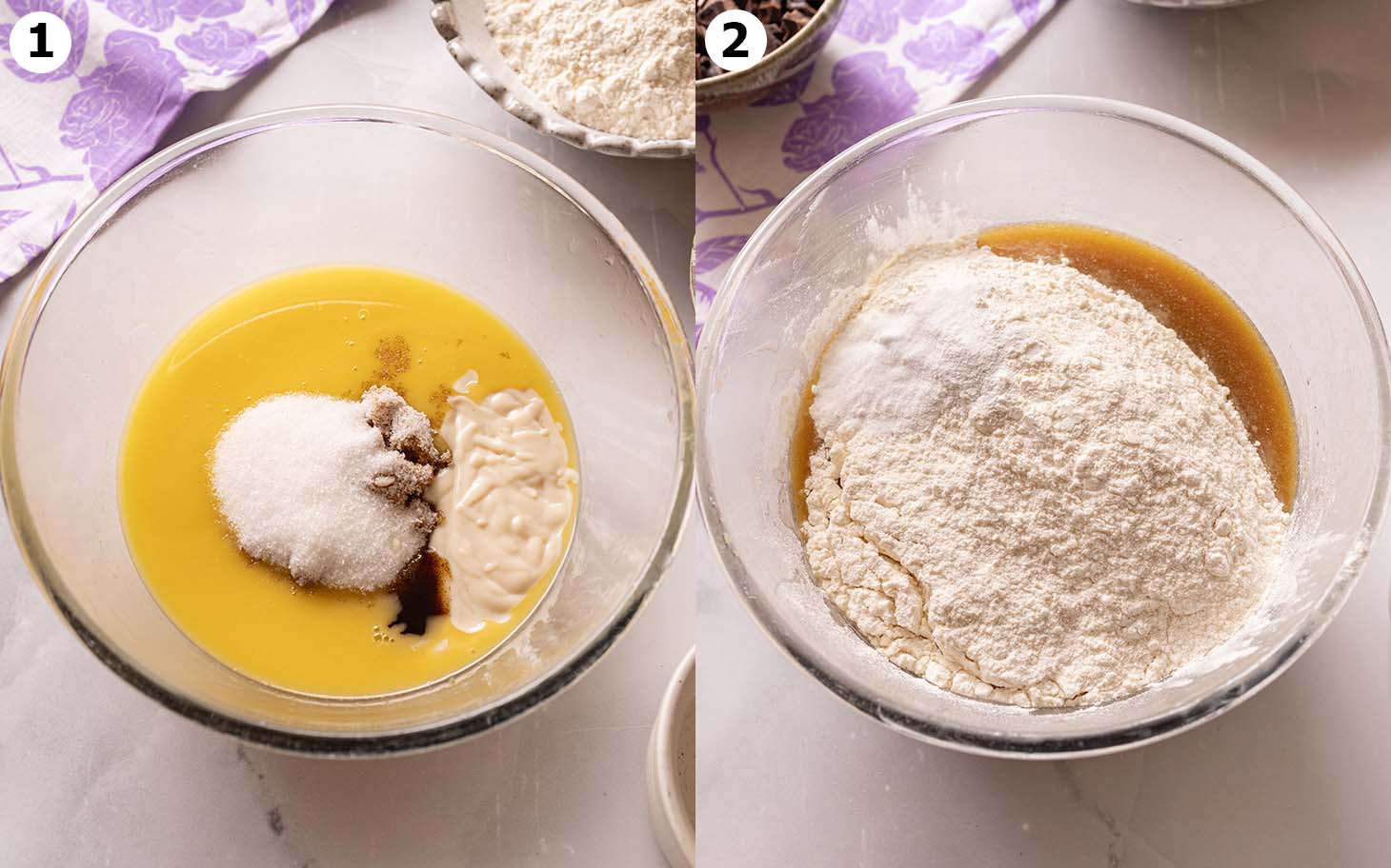Two image collage of bowl with wet ingredients before mixing, then dry ingredients on top.