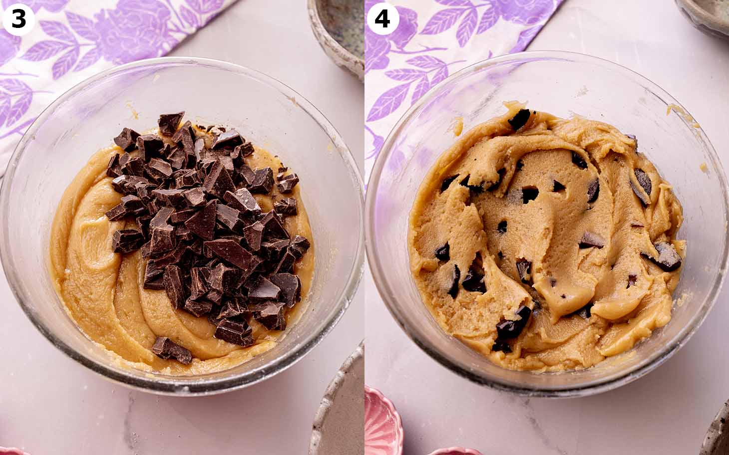 Two image collage of mixed cookie dough, before and after chocolate chunks have been mixed.