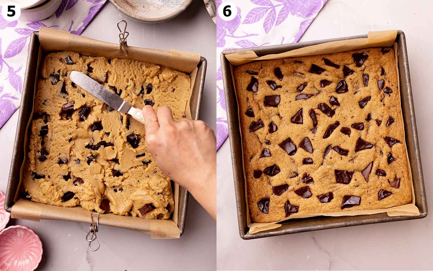 Two image collage of square baking pan with raw cookie dough and baked cookie bars.