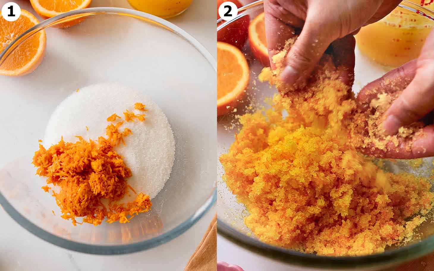 Two image collage of orange zest and sugar in bowl, then bright orange sugar being rubbed with fingertips.