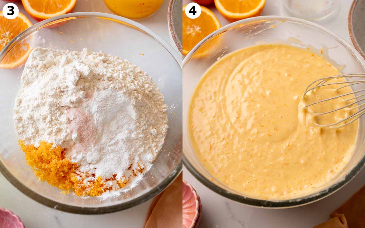 Two image collage of dry ingredients in mixing bowl and final orange cake batter.