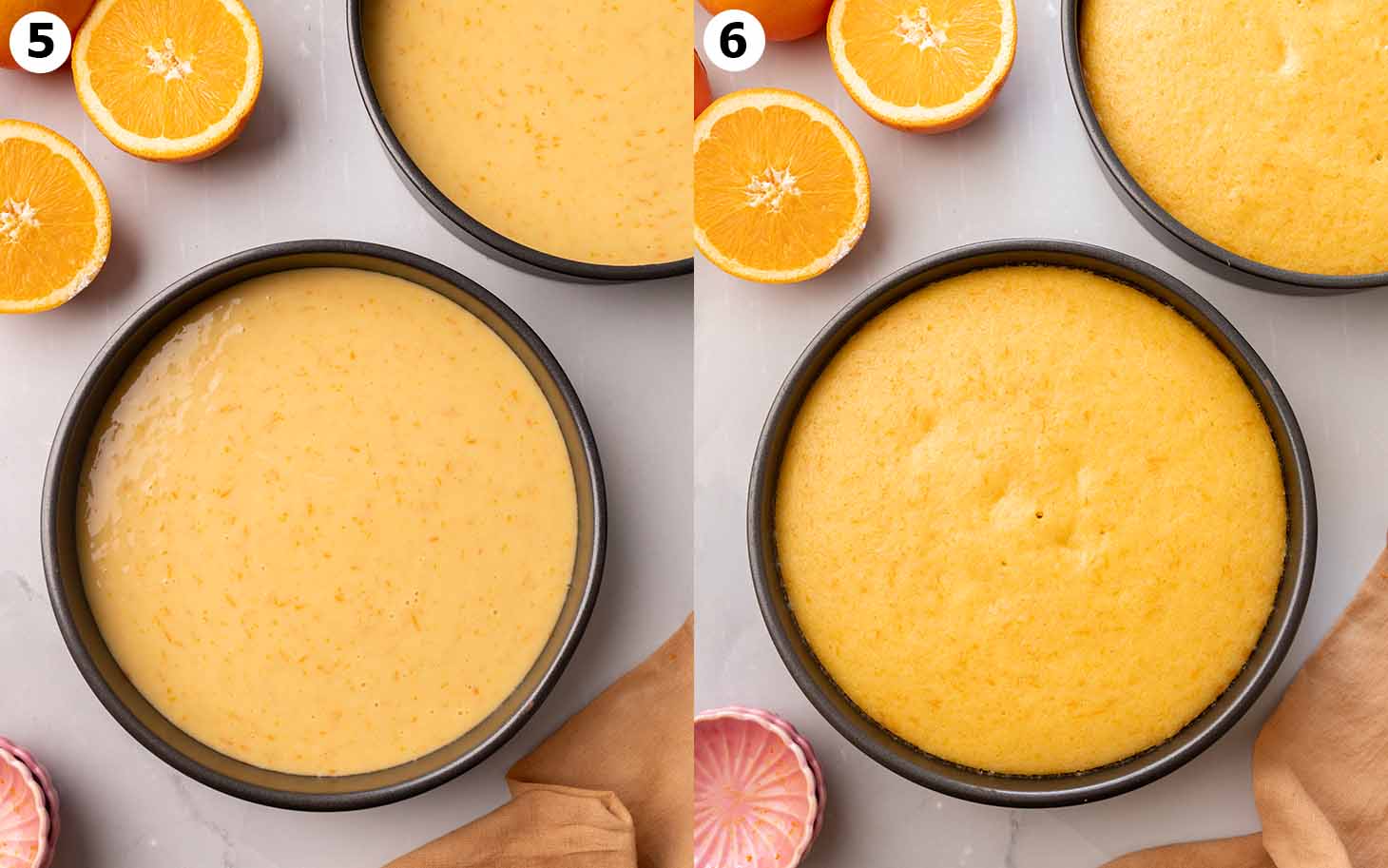 Two image collage of cake pans, before and after baking.