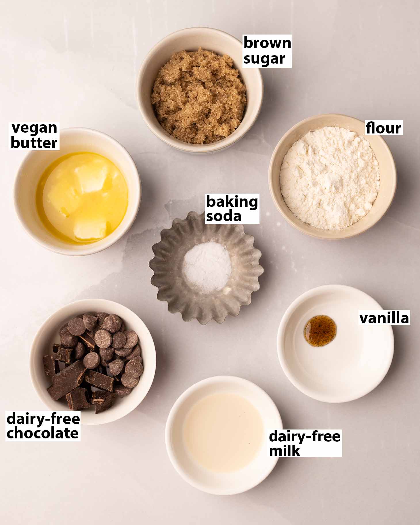 Flat-lay of 7 ingredients for the single-serve cookie.