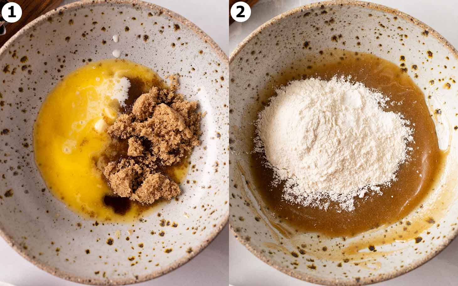 Two image collage of small mixing bowl with cookie dough ingredients being mixed.