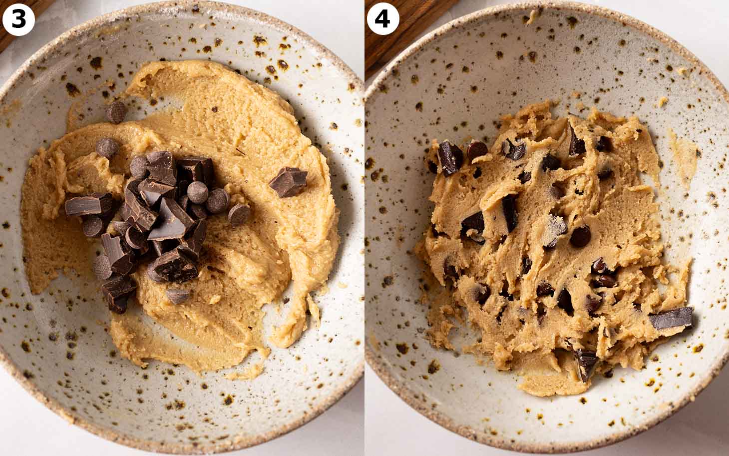 Two image collage of final cookie dough with chocolate chips.