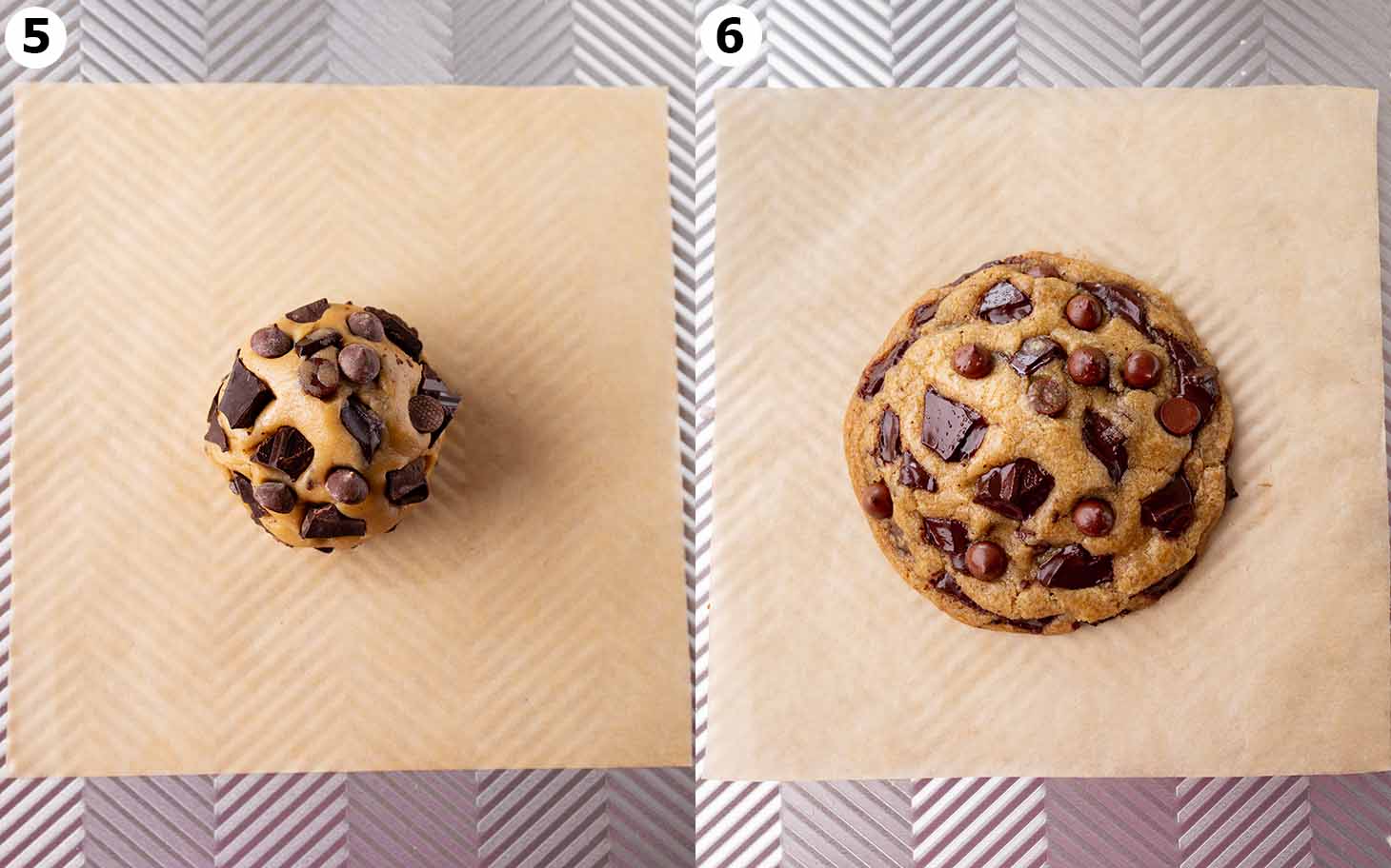 Two image collage of before and after cookie dough on parchment paper is baked.