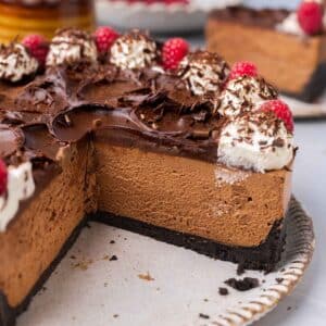 Close up of mousse-like texture of chocolate cheesecake.