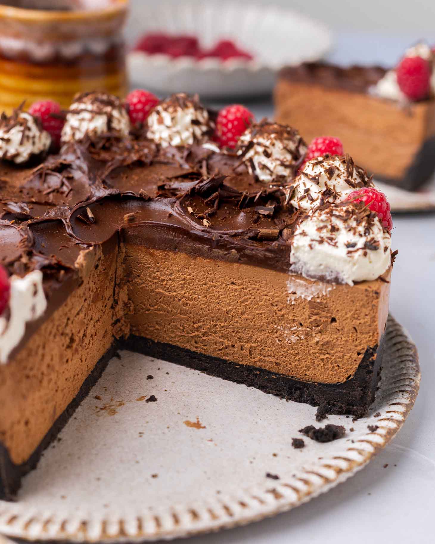 Close up of mousse-like texture of chocolate cheesecake.
