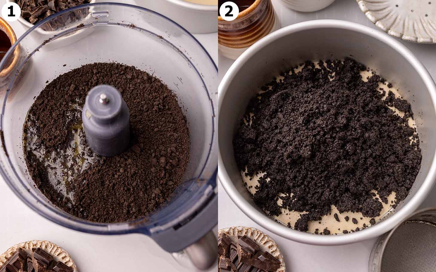 Two image collage of food processor filled with Oreo cookie crumbs and melted butter and cake pan with crust mixture.