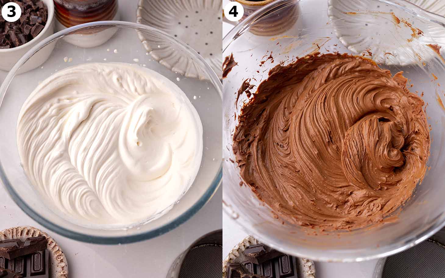 Two image collage of two large bowls, one with whipped cream and one with chocolate cream cheese mixture.