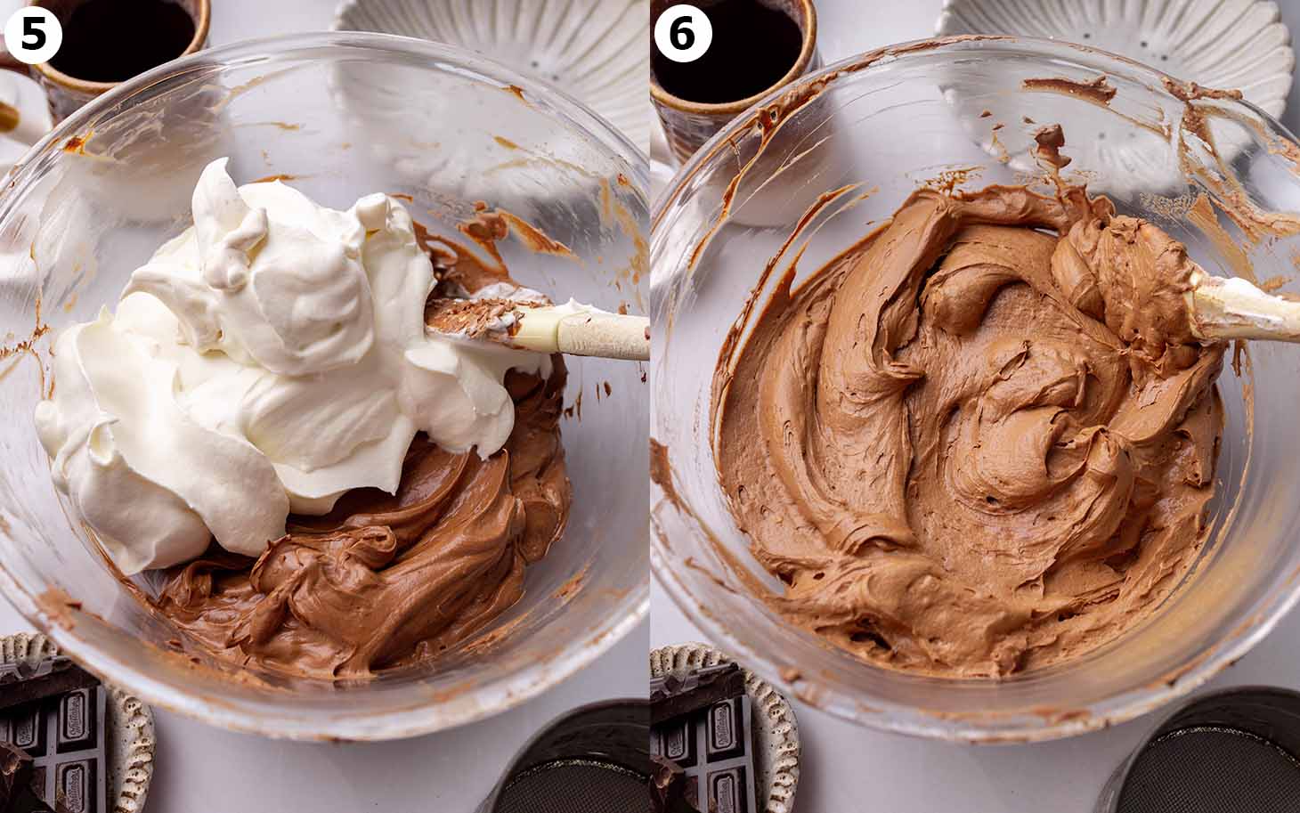Two image collage of before and after whipped cream has been folded into the chocolate cream cheese mixture.