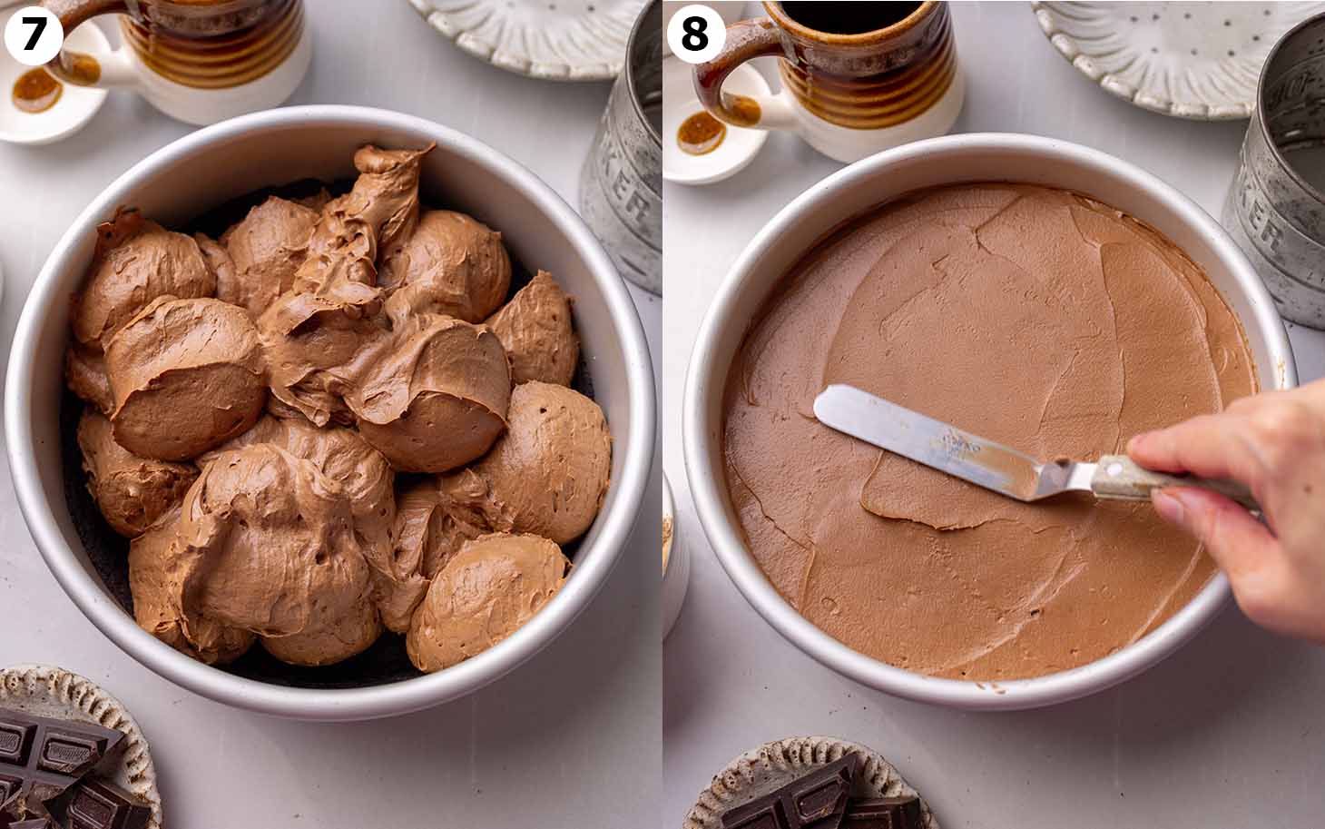 Two image collage of cake pan with chocolate cheesecake mixture and top of the cheesecake being smoothed out.