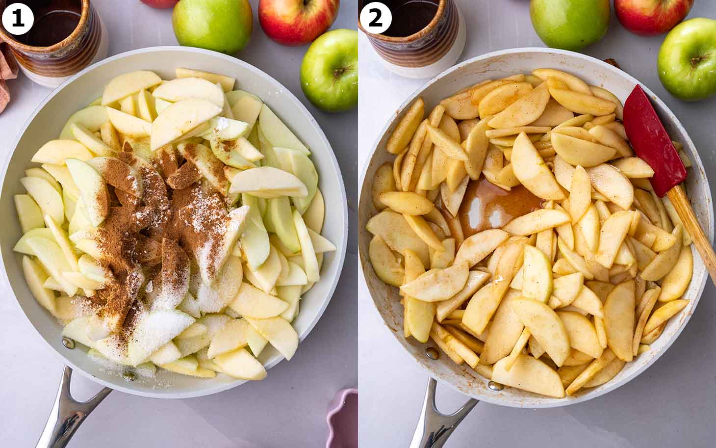 Two image collage of saucepan, before and after apples have been par-cooked.