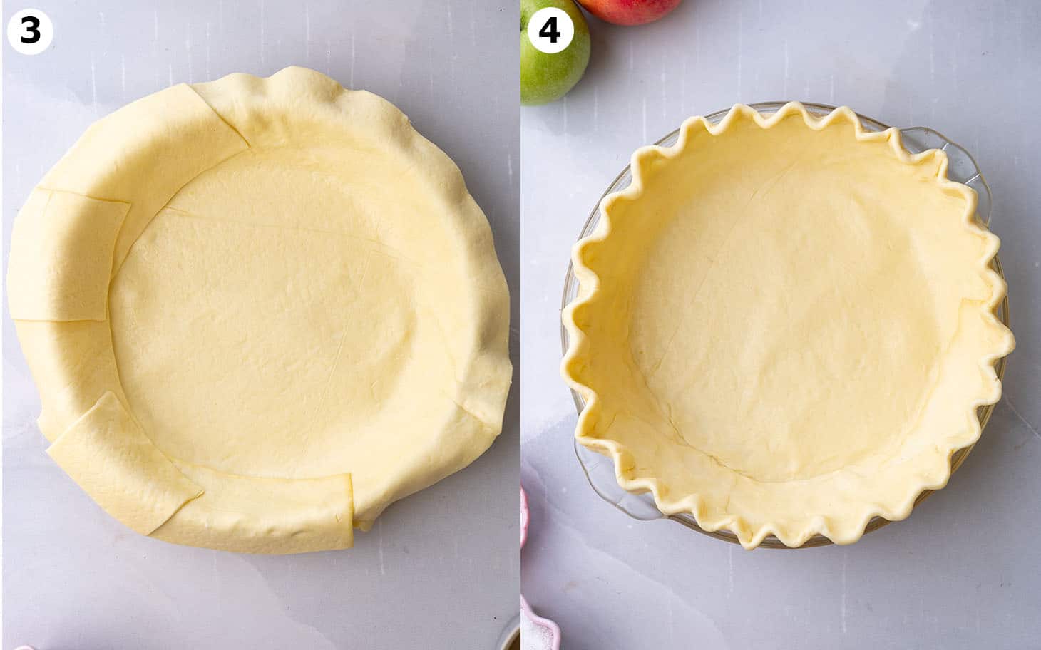Two image collage of pie dish with pastry overhanging, then pie with crimped edges.