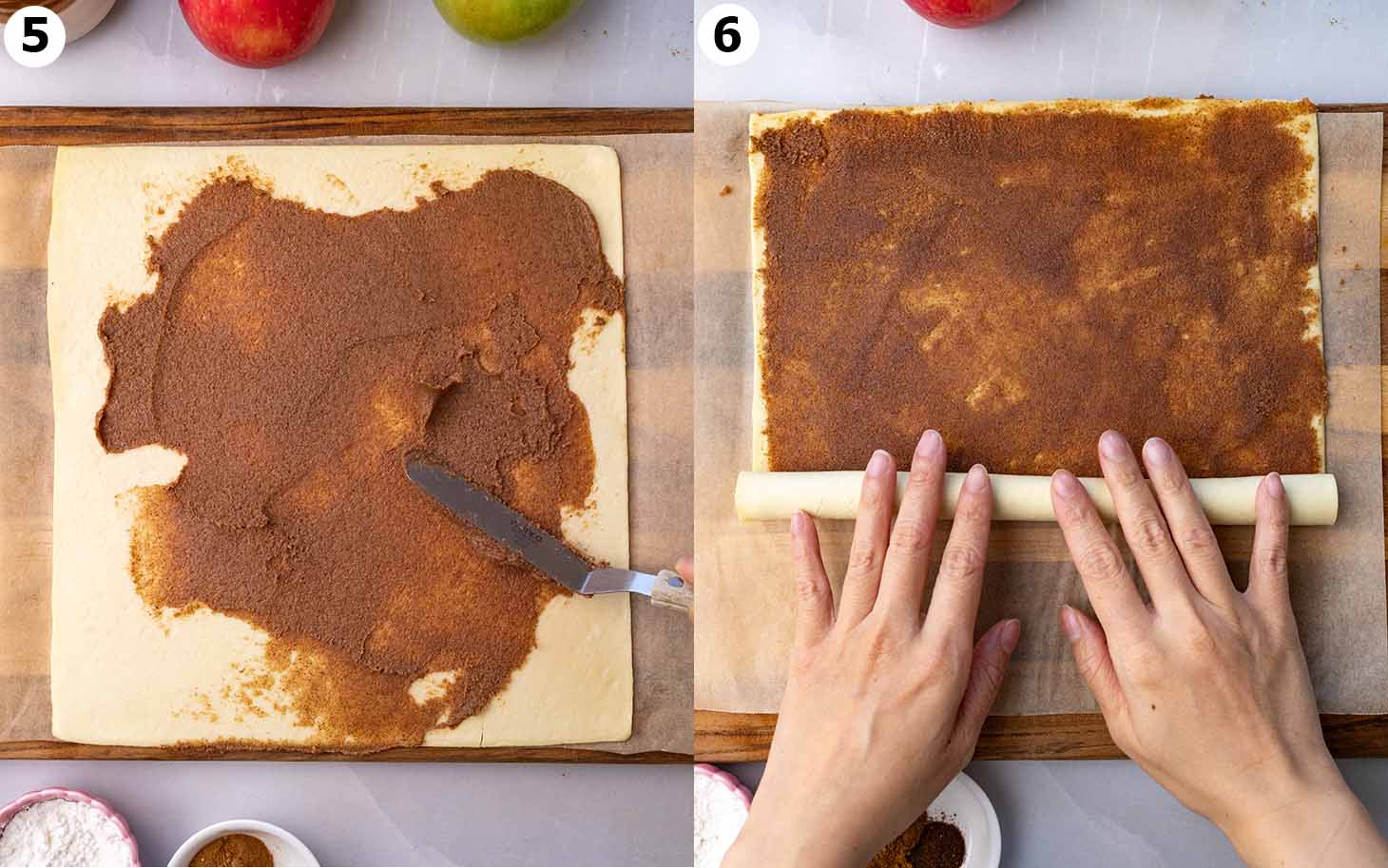 Two image collage of pastry with cinnamon butter being spread and rolled into a tight log.