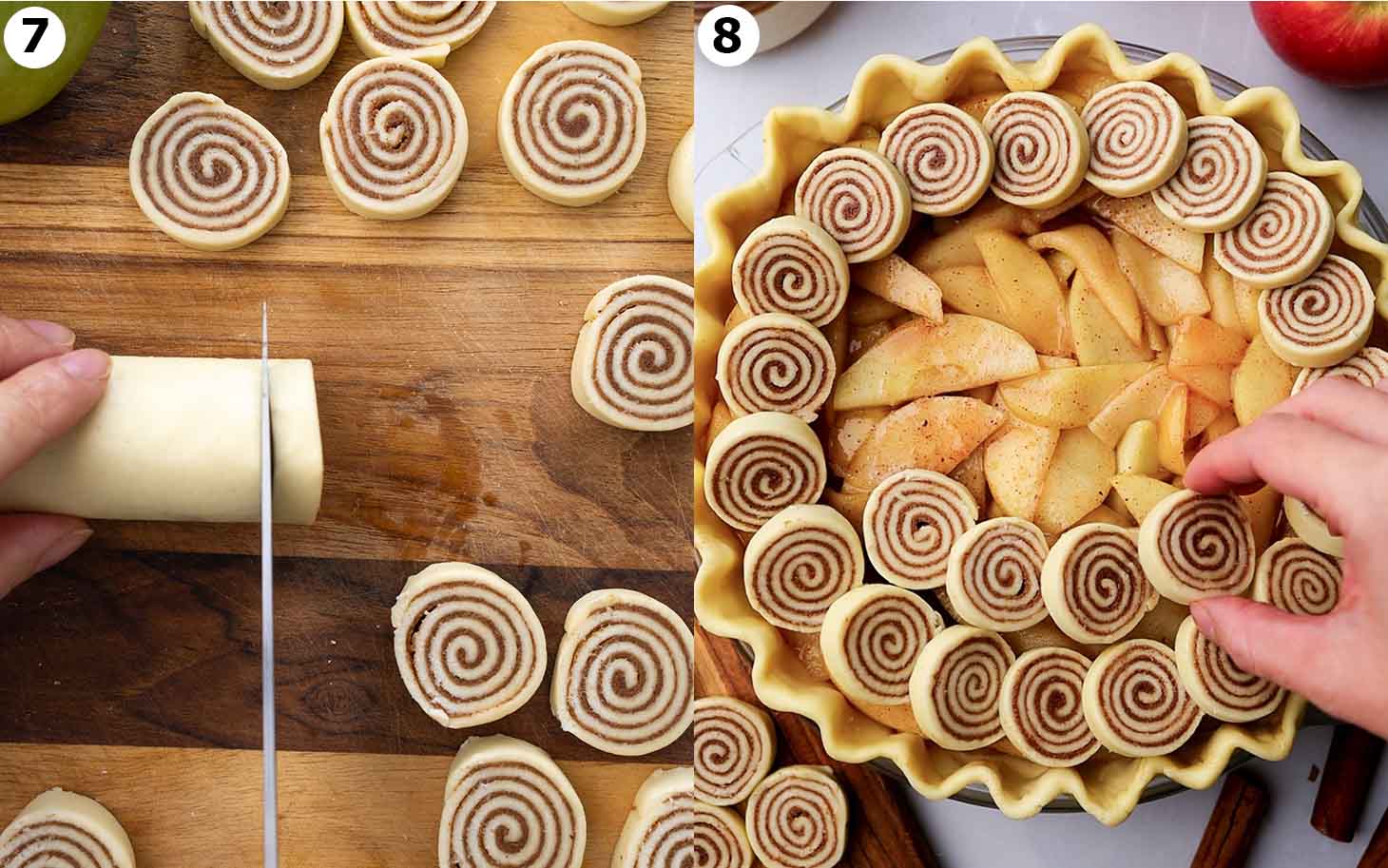 Two image collage slicing cinnamon swirls from a pastry log and placing the swirls on the pie.