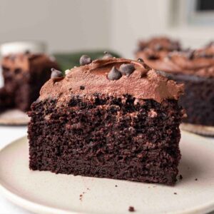 Close up of one slice of chocolate zucchini cake.