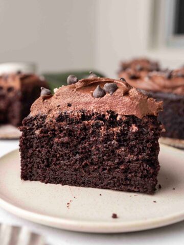 Close up of one slice of chocolate zucchini cake.