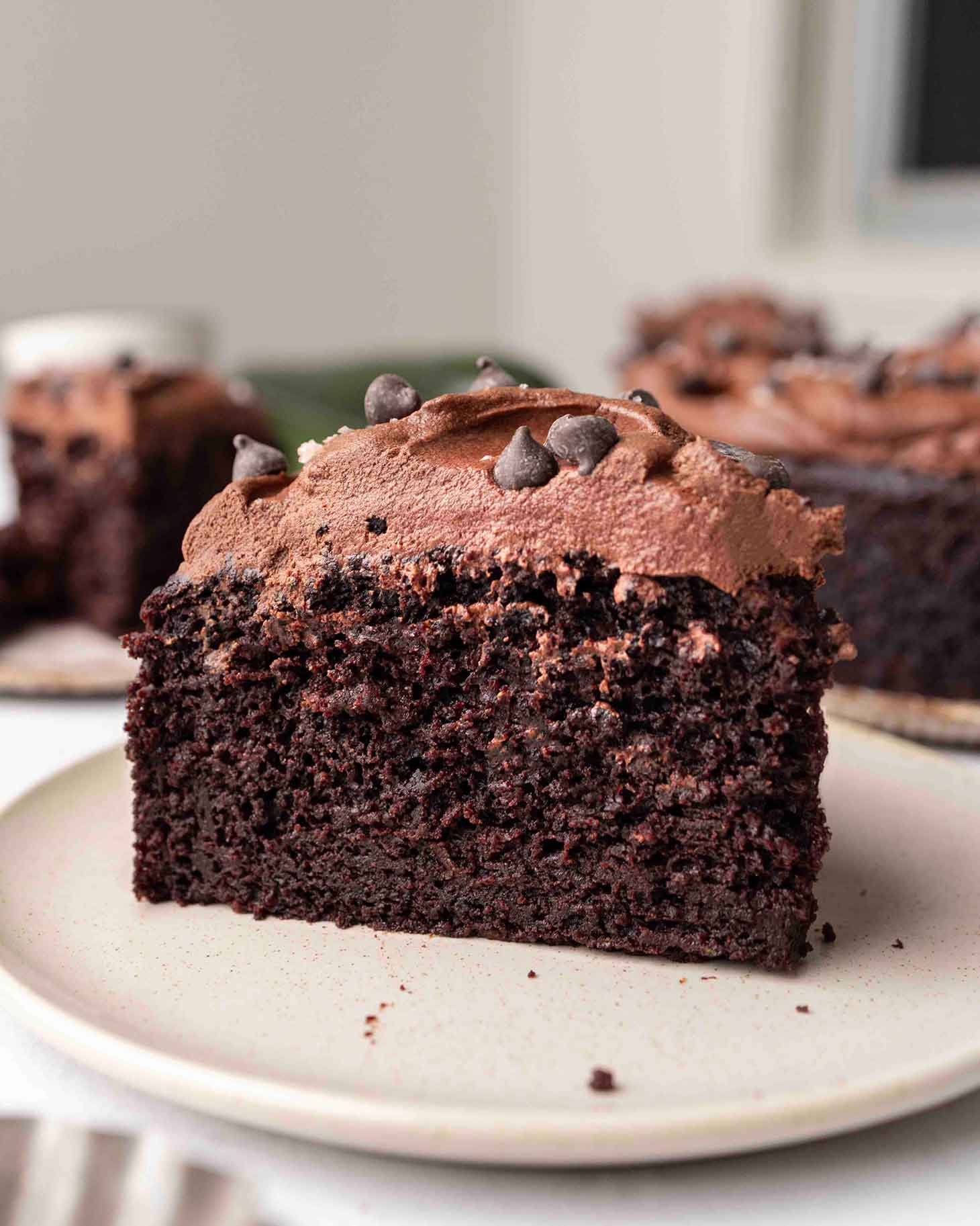 Close up of one slice of chocolate zucchini cake.