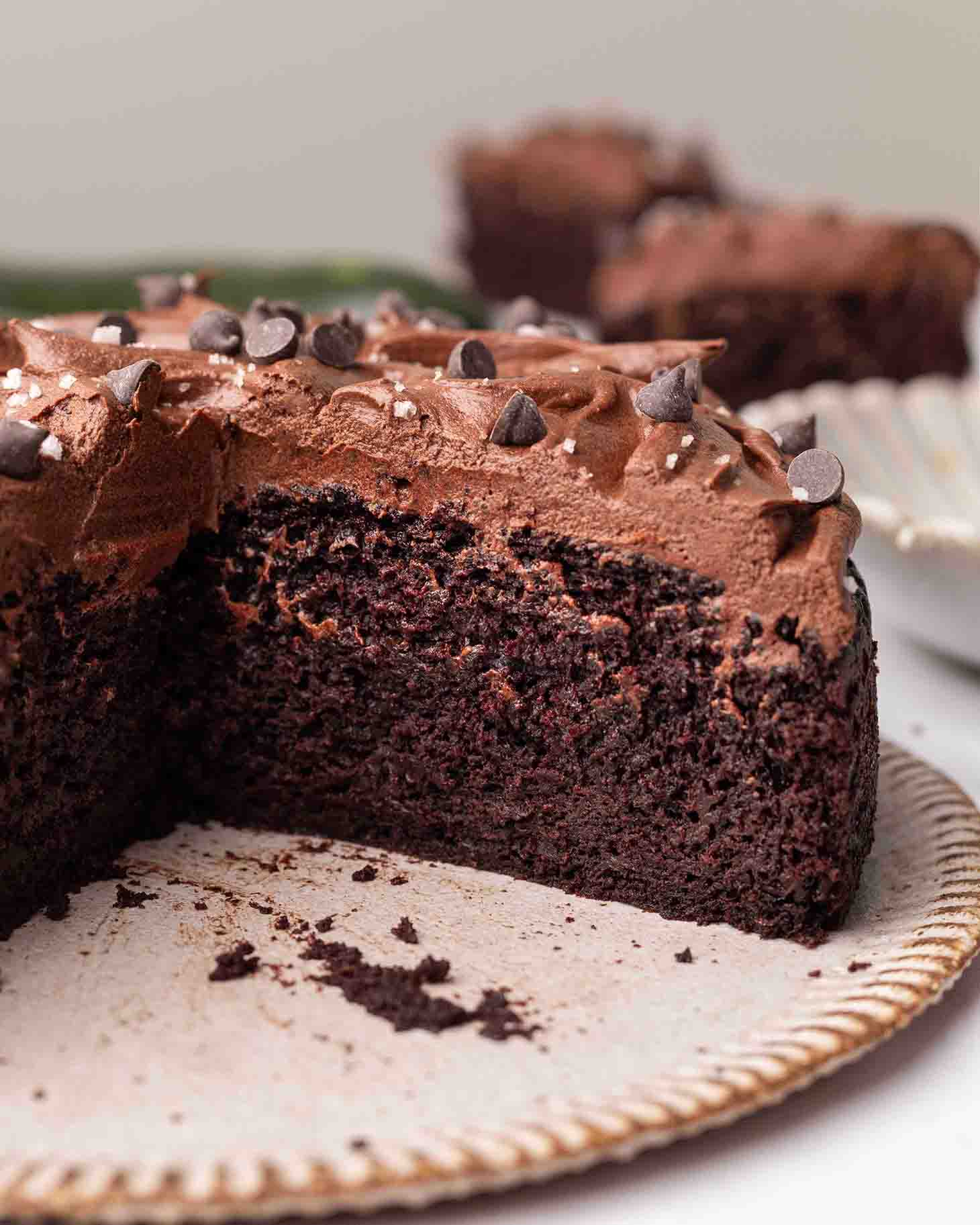 Cross section of cake showing fudgy texture.