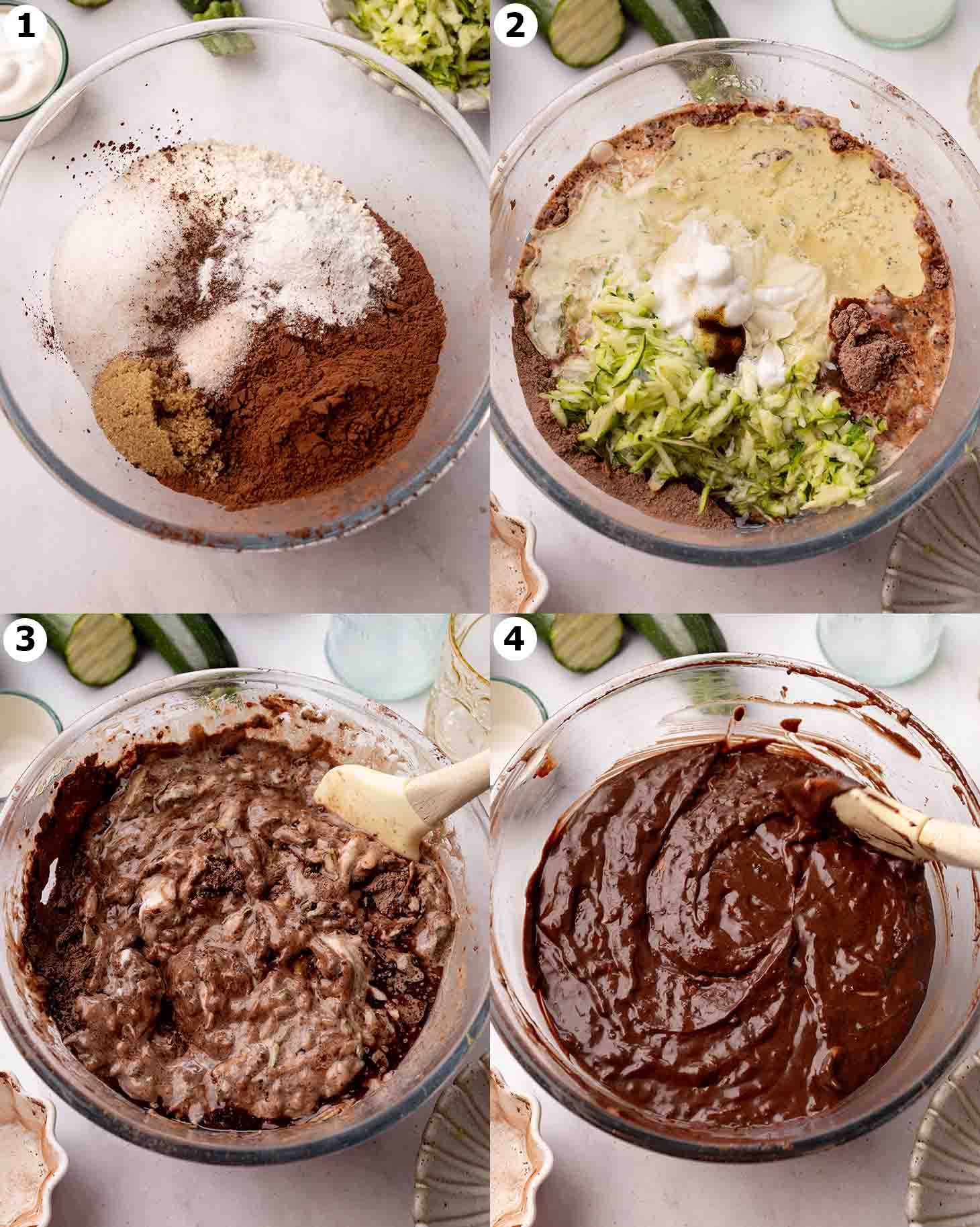 Four image collage showing how the cake batter comes together in one bowl.
