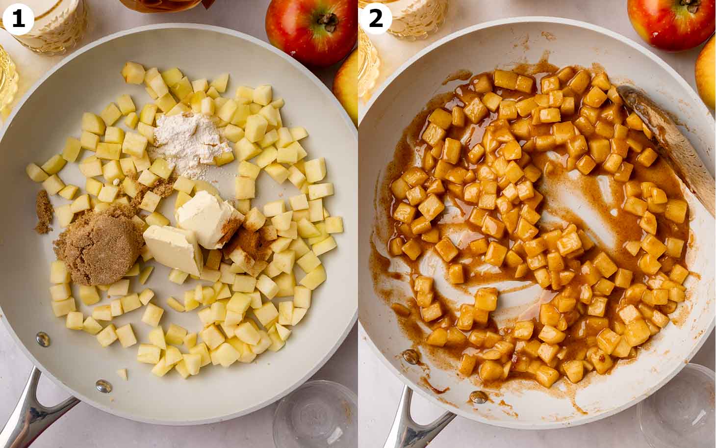 Two image collage of large saucepan with ingredients for apple topping and cooked apple topping.