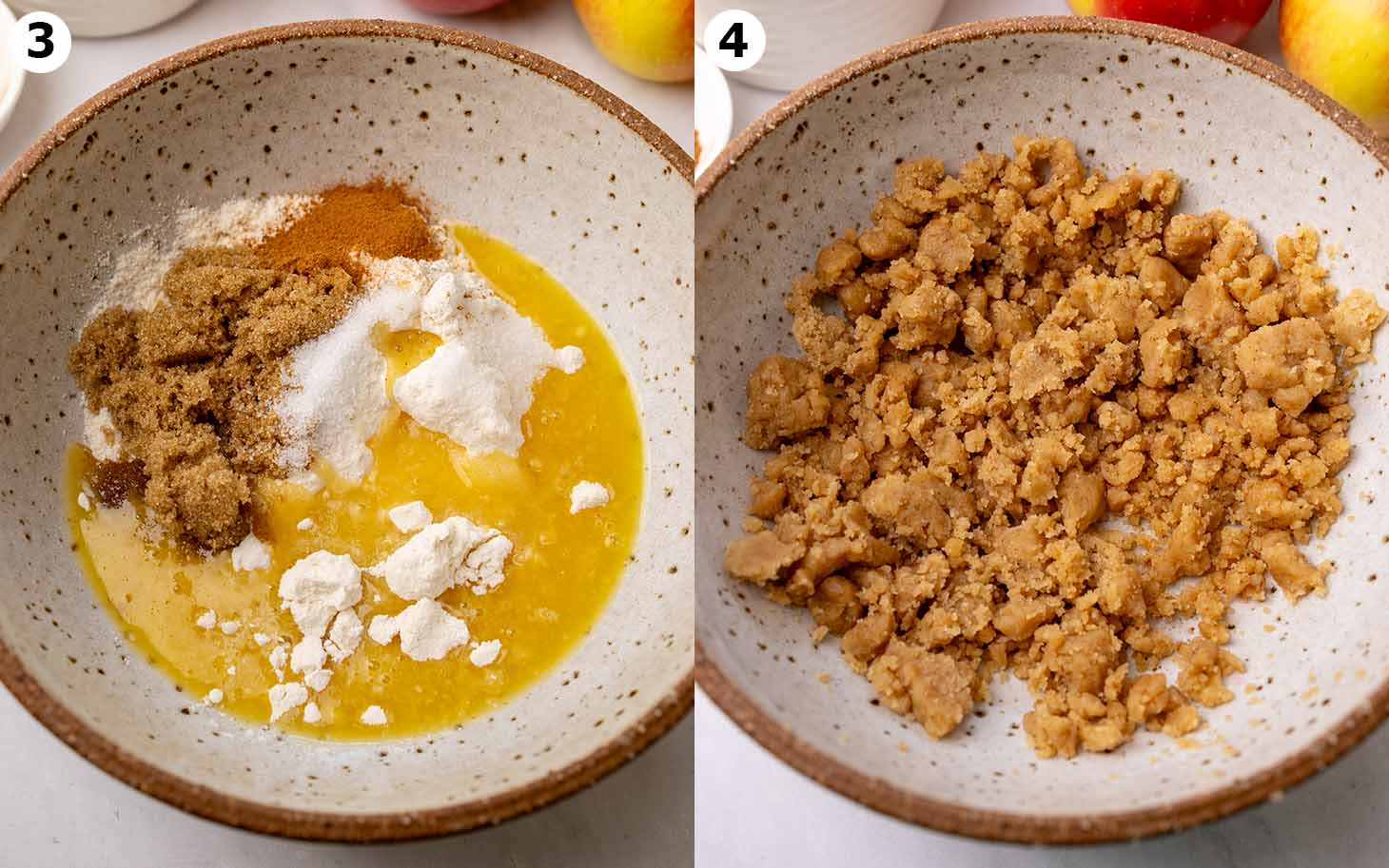 Two image collage of crumble ingredients and final crumble mixture.