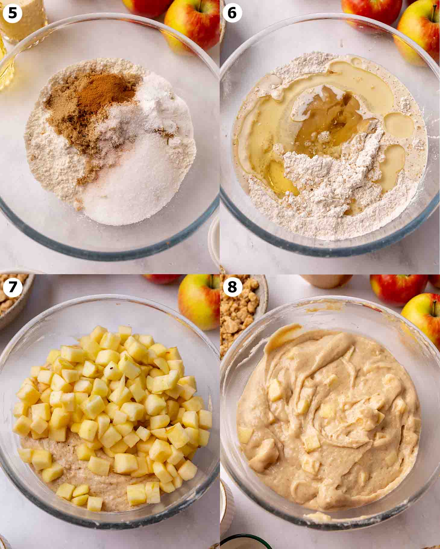 Four image collage showing how to prepare the batter for the muffins.
