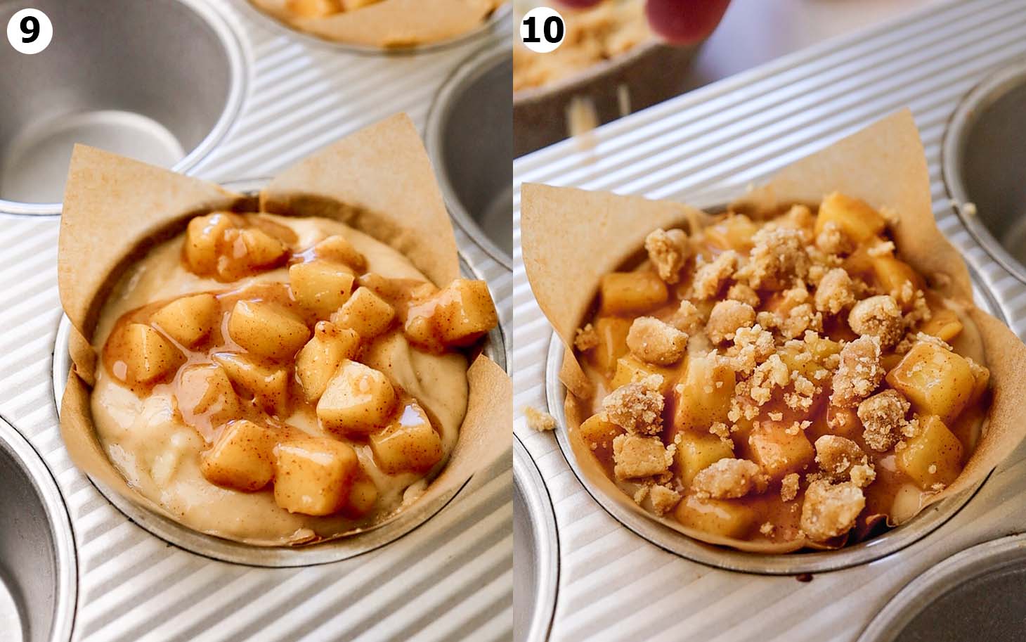 Two image collage of jumbo muffin pan showing how to top the muffins with the gooey apples and crumble.
